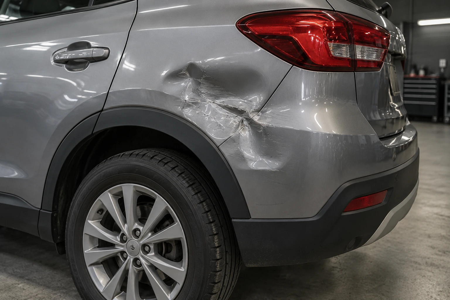 Exemple généré : aile arrière et angle de pare-chocs d’un SUV gris enfoncés et rayés